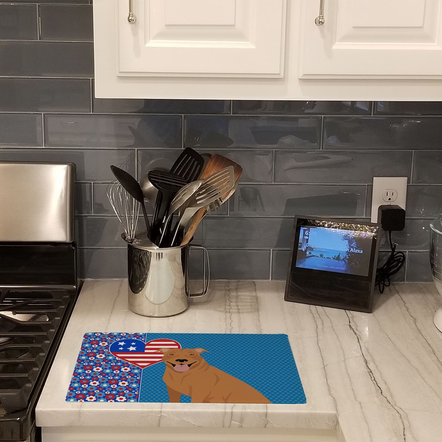 Red Pit Bull Terrier USA American Cutting Board Tempered Glass Kitchen Cutting Surface, Heat Resistant Chopping, Non-Slip Feet, Food Prep & Serving