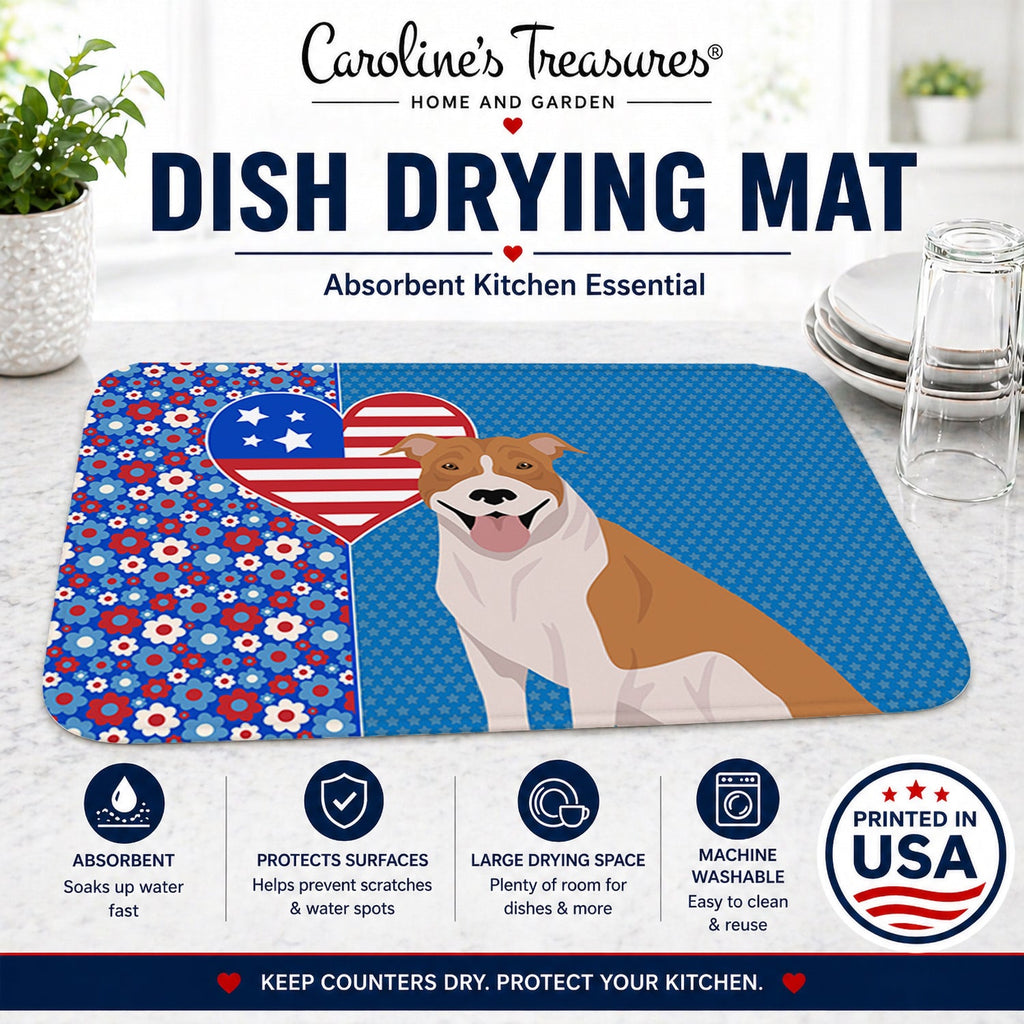 Red and White Pit Bull Terrier USA American Dish Drying Mat Absorbent Dish Drying Mat Pad for Kitchen Counter Dish Drainer Mat for Countertop, 14 x 21", Multicolor