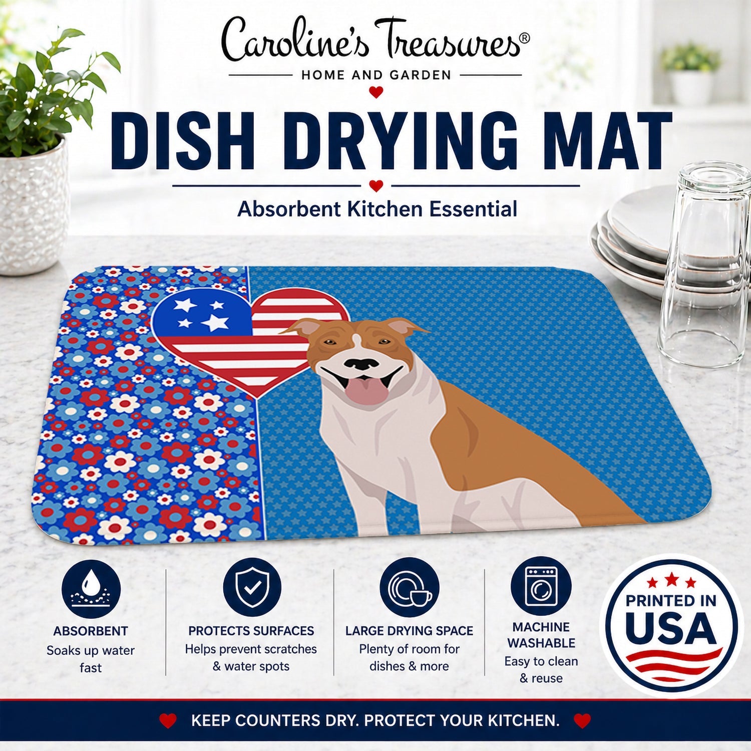 Red and White Pit Bull Terrier USA American Dish Drying Mat Absorbent Dish Drying Mat Pad for Kitchen Counter Dish Drainer Mat for Countertop, 14 x 21", Multicolor
