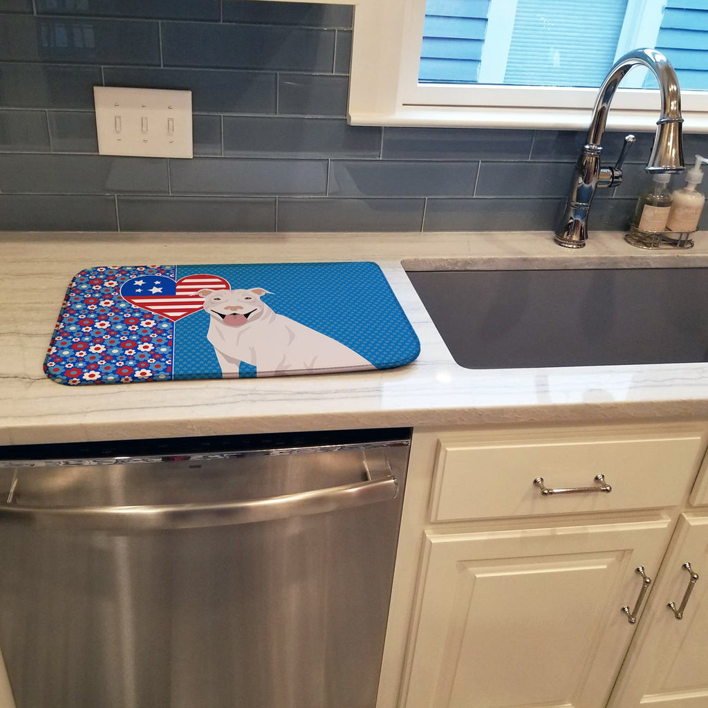 White Pit Bull Terrier USA American Dish Drying Mat Absorbent Dish Drying Mat Pad for Kitchen Counter Dish Drainer Mat for Countertop, 14 x 21", Multicolor