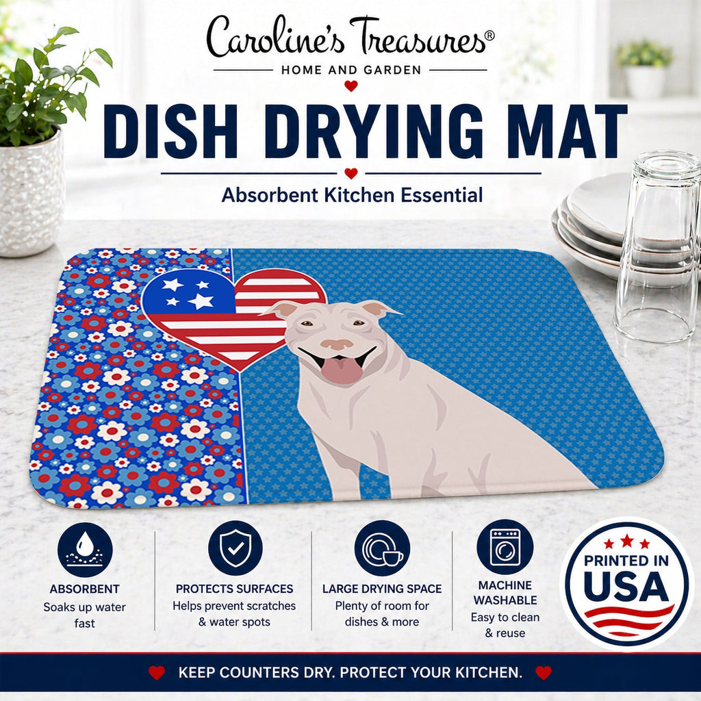 White Pit Bull Terrier USA American Dish Drying Mat Absorbent Dish Drying Mat Pad for Kitchen Counter Dish Drainer Mat for Countertop, 14 x 21", Multicolor