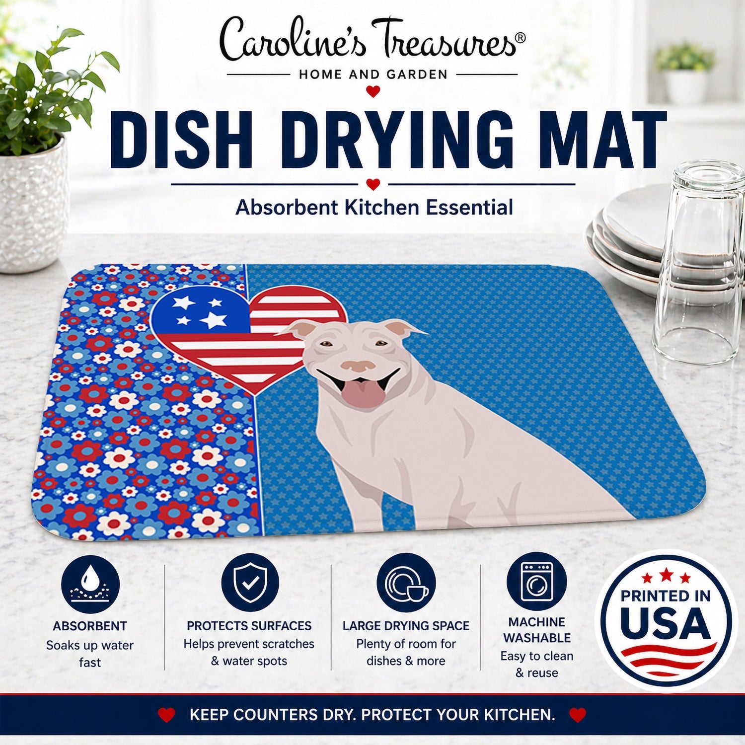 White Pit Bull Terrier USA American Dish Drying Mat Absorbent Dish Drying Mat Pad for Kitchen Counter Dish Drainer Mat for Countertop, 14 x 21", Multicolor