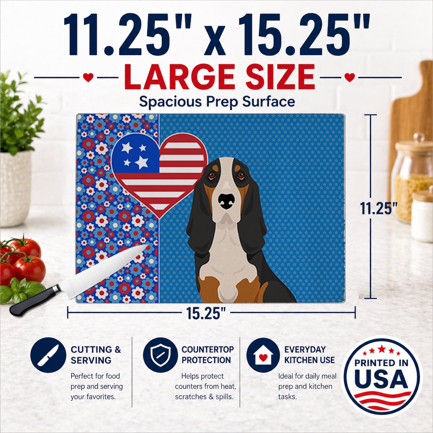 Black Tricolor Basset Hound USA American Cutting Board Tempered Glass Kitchen Cutting Surface, Heat Resistant Chopping, Non-Slip Feet, Food Prep & Serving