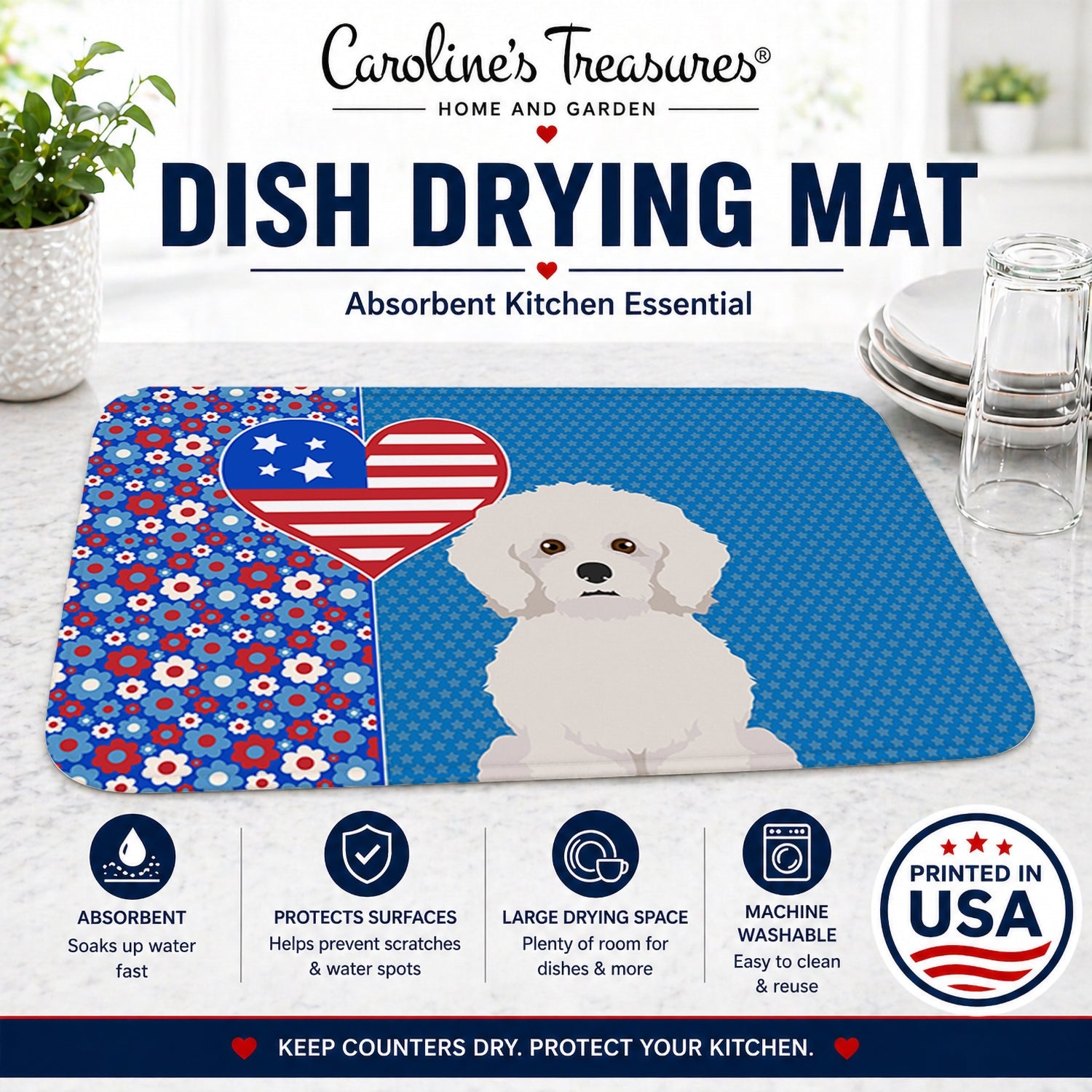 Bichon Frise USA American Dish Drying Mat Absorbent Dish Drying Mat Pad for Kitchen Counter Dish Drainer Mat for Countertop, 14 x 21", Multicolor