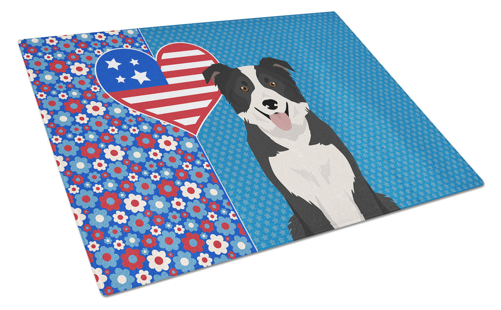 Black and White Border Collie USA American Cutting Board Tempered Glass Kitchen Cutting Surface, Heat Resistant Chopping, Non-Slip Feet, Food Prep & Serving