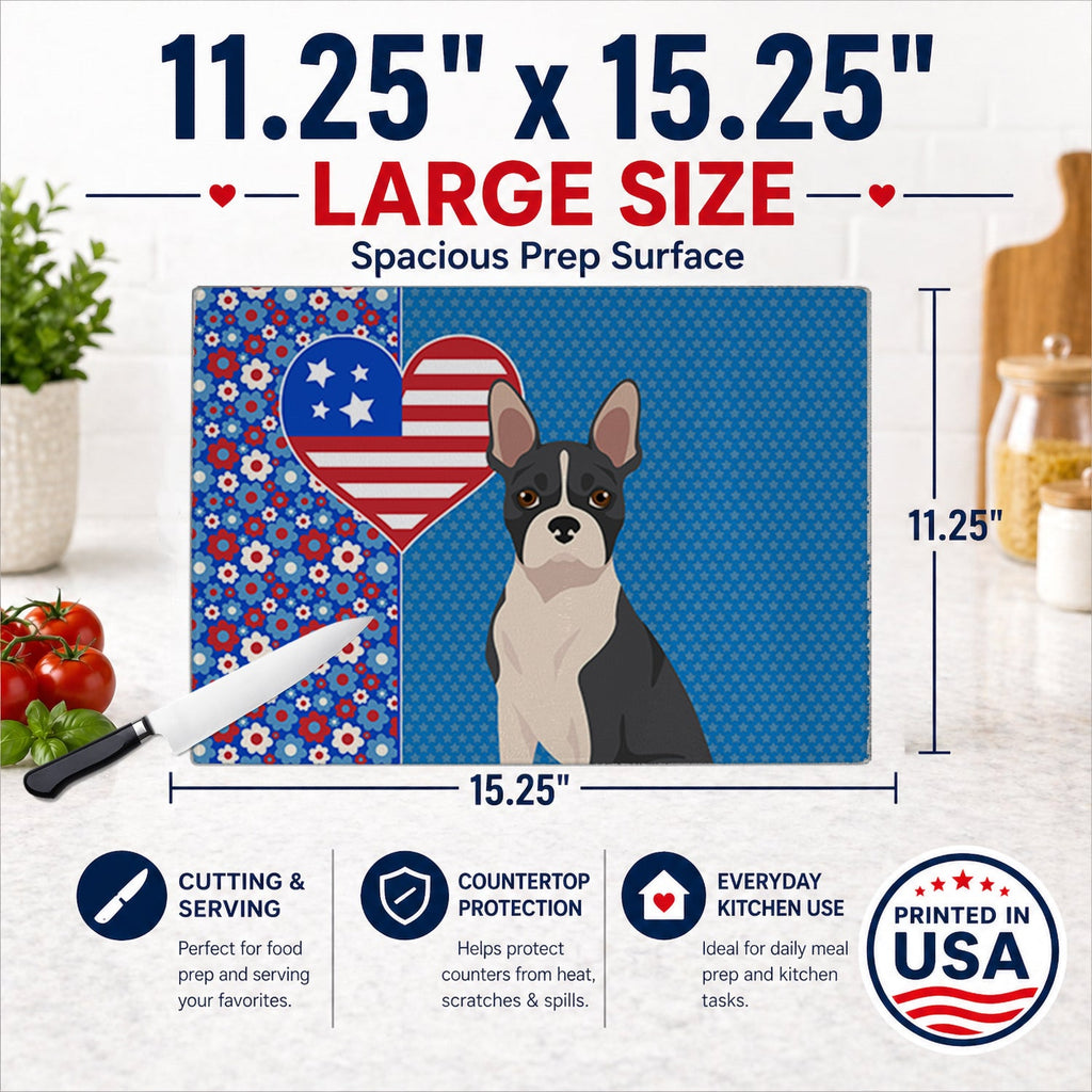 Black Boston Terrier USA American Cutting Board Tempered Glass Kitchen Cutting Surface, Heat Resistant Chopping, Non-Slip Feet, Food Prep & Serving