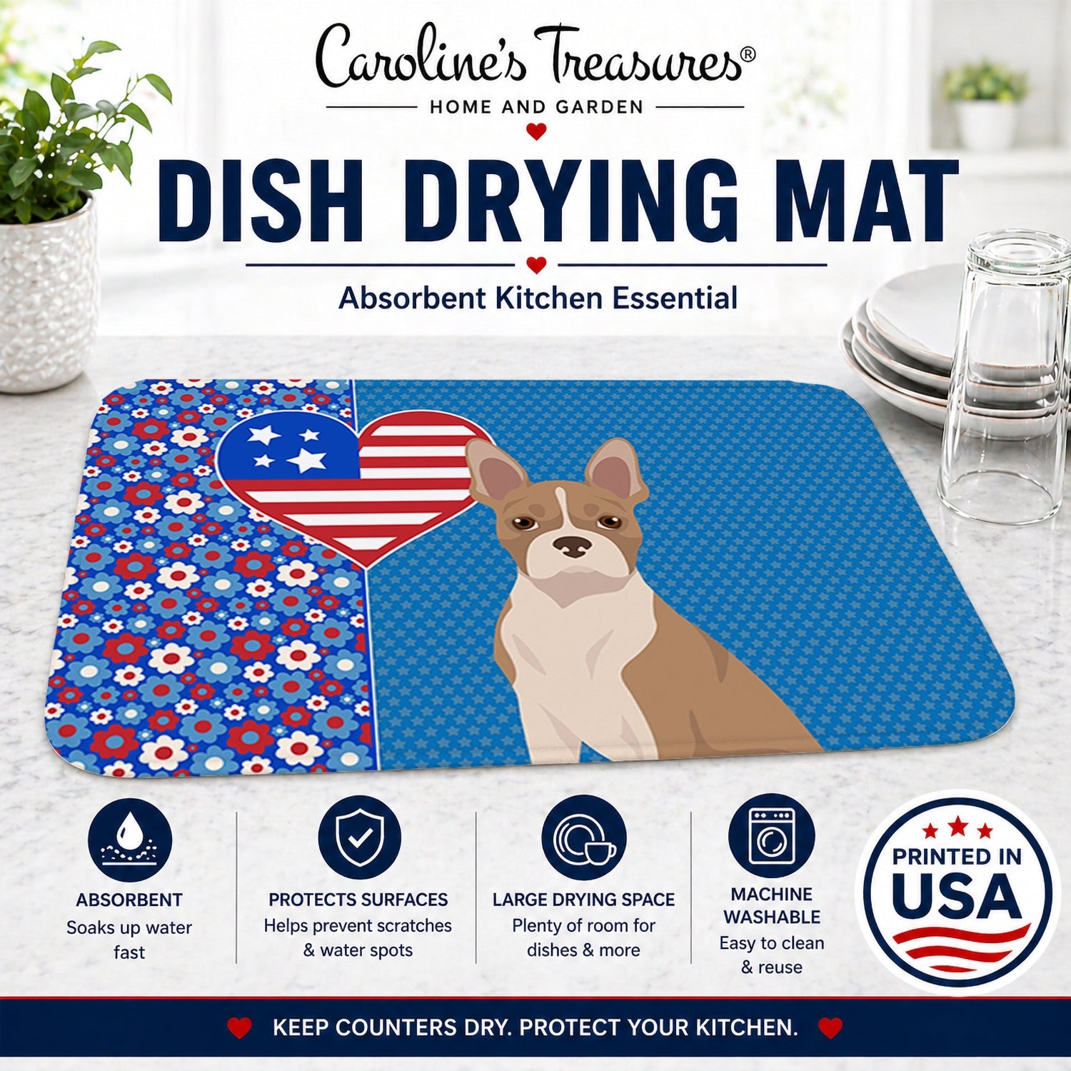 Fawn Boston Terrier USA American Dish Drying Mat Absorbent Dish Drying Mat Pad for Kitchen Counter Dish Drainer Mat for Countertop, 14 x 21", Multicolor