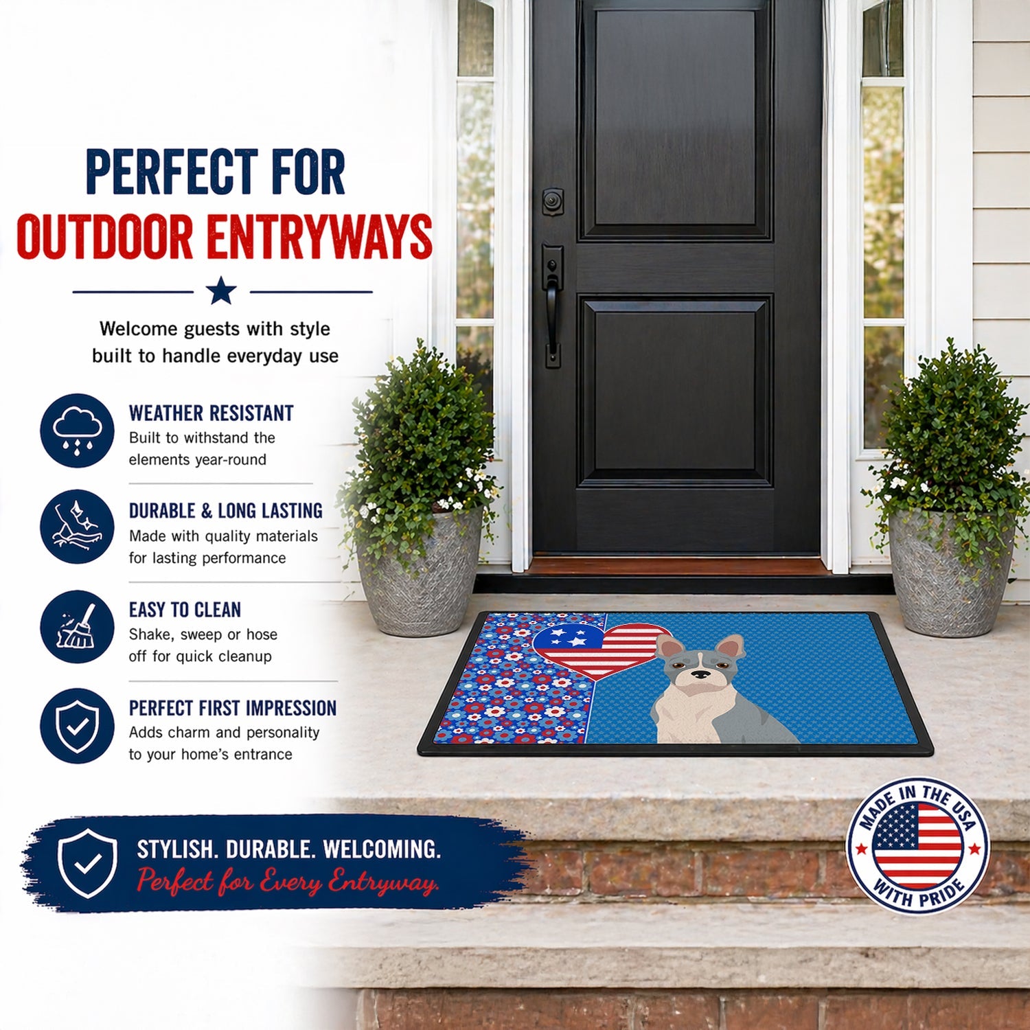 Blue Boston Terrier USA American Doormat Indoor Outdoor 24H X 36W Front Door Mat Rugs for Entryway, Non Slip Washable Low Pile,
