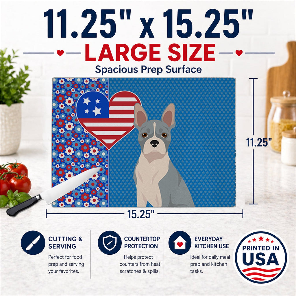 Blue Boston Terrier USA American Cutting Board Tempered Glass Kitchen Cutting Surface, Heat Resistant Chopping, Non-Slip Feet, Food Prep & Serving