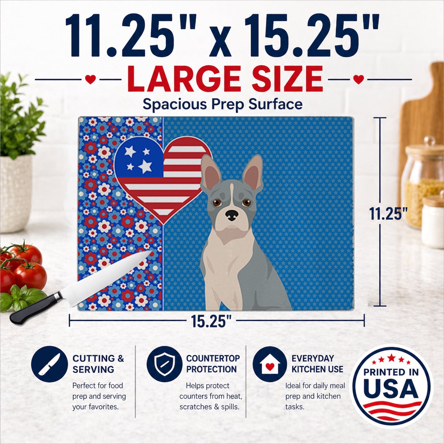 Blue Boston Terrier USA American Cutting Board Tempered Glass Kitchen Cutting Surface, Heat Resistant Chopping, Non-Slip Feet, Food Prep & Serving