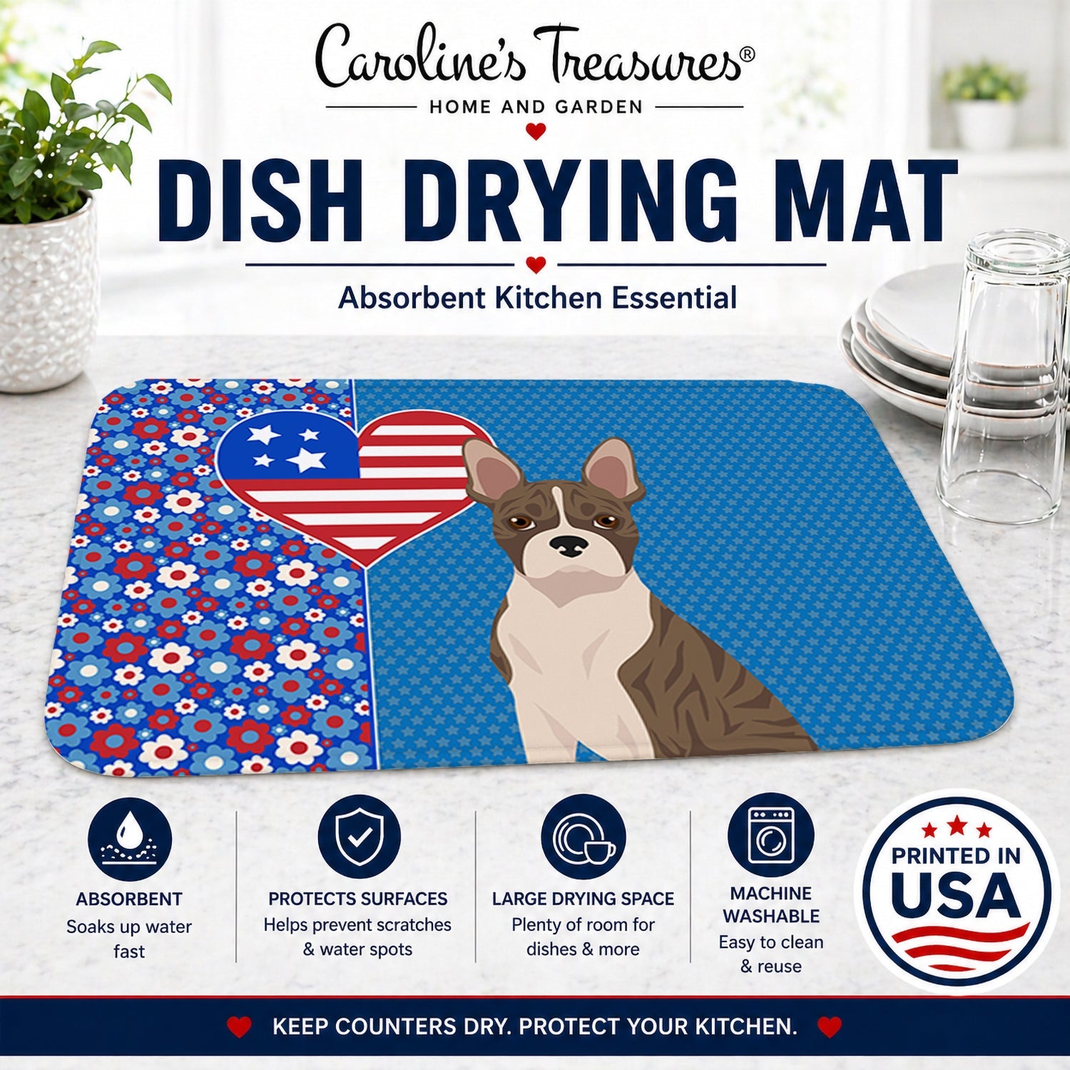 Brindle Boston Terrier USA American Dish Drying Mat Absorbent Dish Drying Mat Pad for Kitchen Counter Dish Drainer Mat for Countertop, 14 x 21", Multicolor