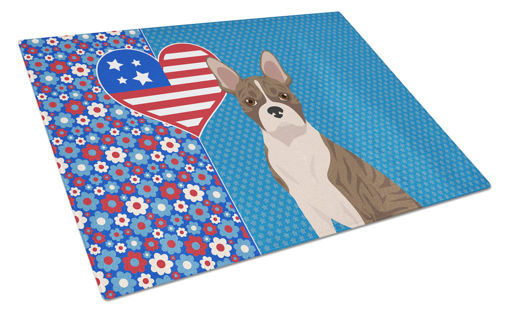 Brindle Boston Terrier USA American Cutting Board Tempered Glass Kitchen Cutting Surface, Heat Resistant Chopping, Non-Slip Feet, Food Prep & Serving