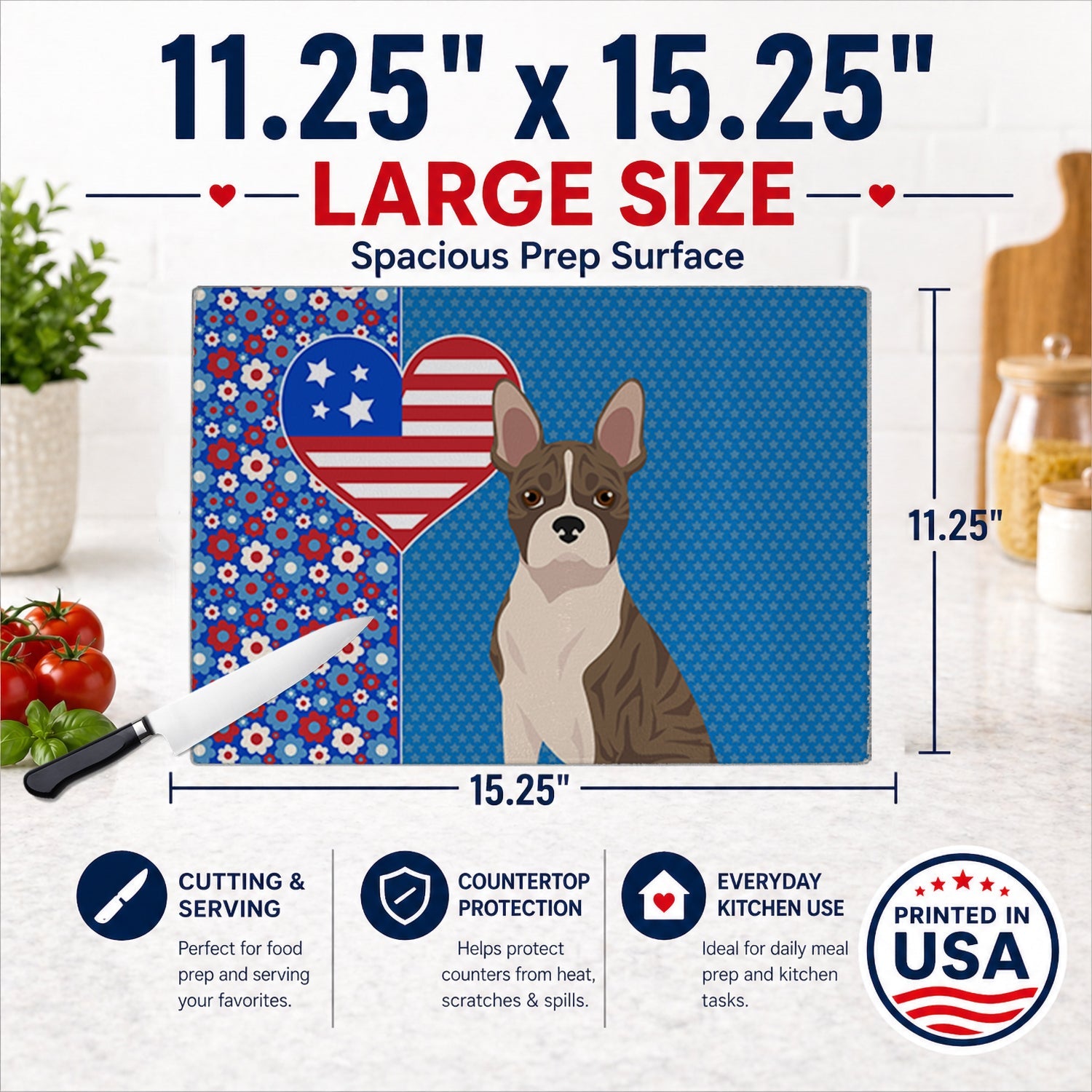 Brindle Boston Terrier USA American Cutting Board Tempered Glass Kitchen Cutting Surface, Heat Resistant Chopping, Non-Slip Feet, Food Prep & Serving