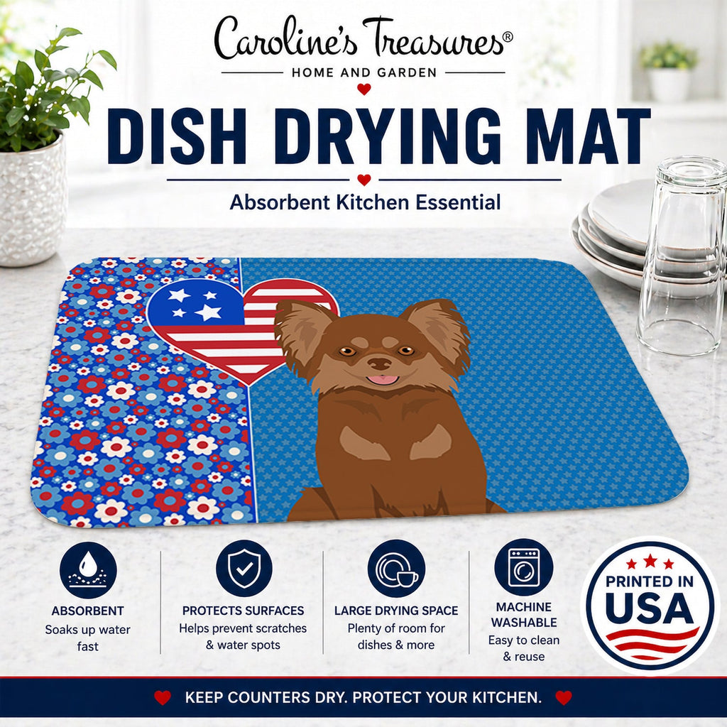 Longhaired Chocolate and Tan Chihuahua USA American Dish Drying Mat Absorbent Dish Drying Mat Pad for Kitchen Counter Dish Drainer Mat for Countertop, 14 x 21", Multicolor