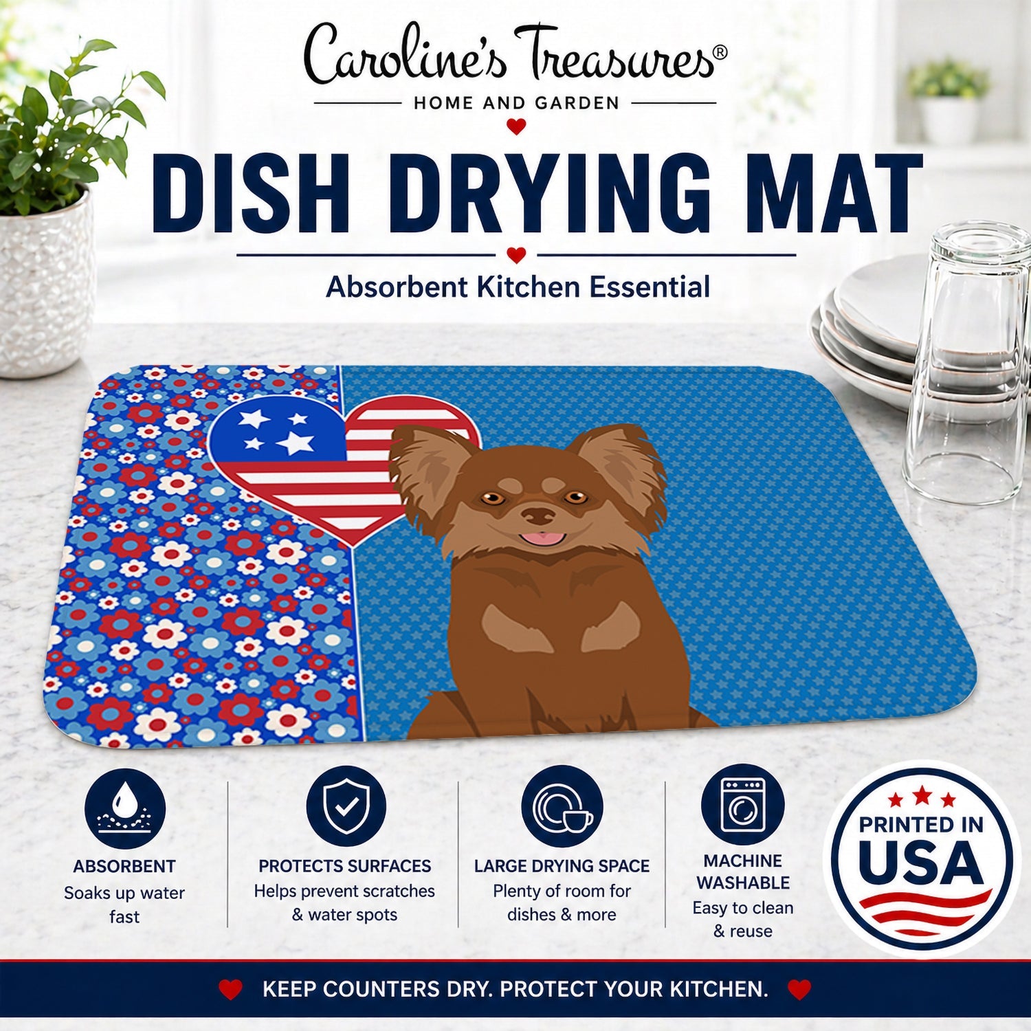 Longhaired Chocolate and Tan Chihuahua USA American Dish Drying Mat Absorbent Dish Drying Mat Pad for Kitchen Counter Dish Drainer Mat for Countertop, 14 x 21", Multicolor