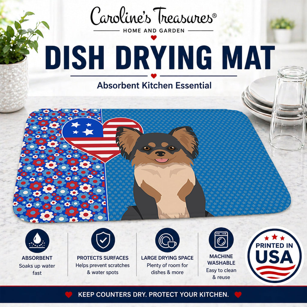 Longhaired Black and Tan Chihuahua USA American Dish Drying Mat Absorbent Dish Drying Mat Pad for Kitchen Counter Dish Drainer Mat for Countertop, 14 x 21", Multicolor