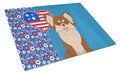 Longhaired Chocolate and White Chihuahua USA American Cutting Board Tempered Glass Kitchen Cutting Surface, Heat Resistant Chopping, Non-Slip Feet, Food Prep & Serving