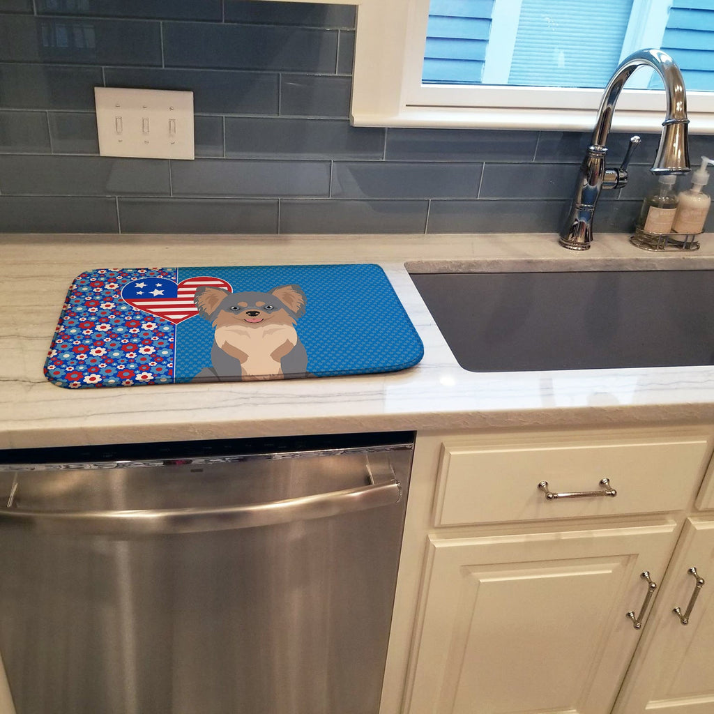 Longhaired Blue and Tan Chihuahua USA American Dish Drying Mat Absorbent Dish Drying Mat Pad for Kitchen Counter Dish Drainer Mat for Countertop, 14 x 21", Multicolor