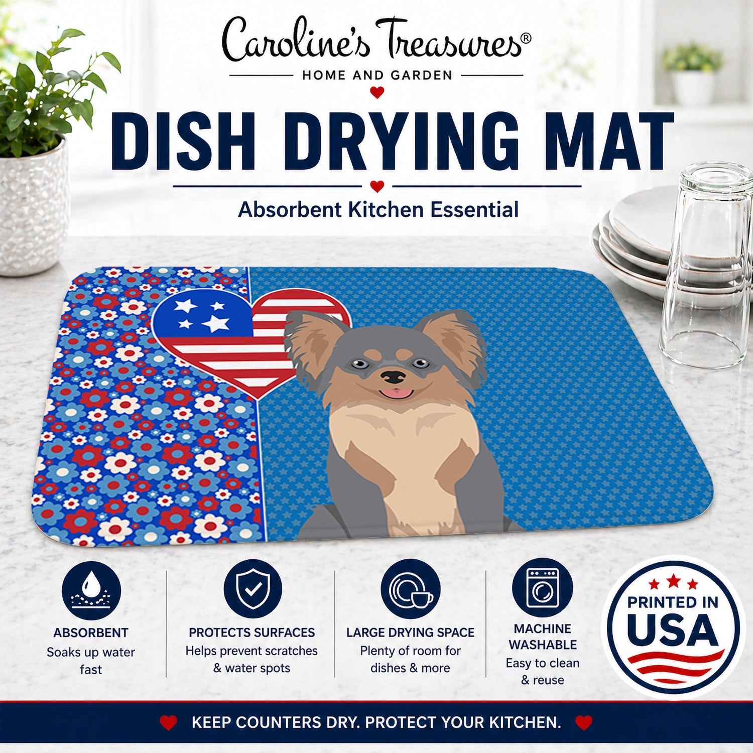Longhaired Blue and Tan Chihuahua USA American Dish Drying Mat Absorbent Dish Drying Mat Pad for Kitchen Counter Dish Drainer Mat for Countertop, 14 x 21", Multicolor