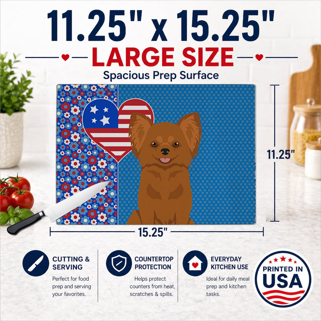 Longhaired Red Chihuahua USA American Cutting Board Tempered Glass Kitchen Cutting Surface, Heat Resistant Chopping, Non-Slip Feet, Food Prep & Serving