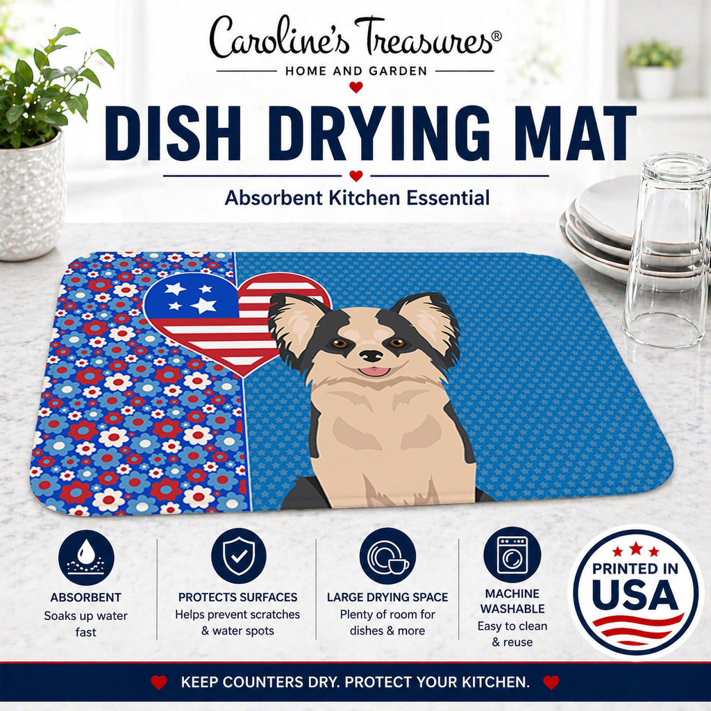 Longhaired Black and White #2 Chihuahua USA American Dish Drying Mat Absorbent Dish Drying Mat Pad for Kitchen Counter Dish Drainer Mat for Countertop, 14 x 21", Multicolor