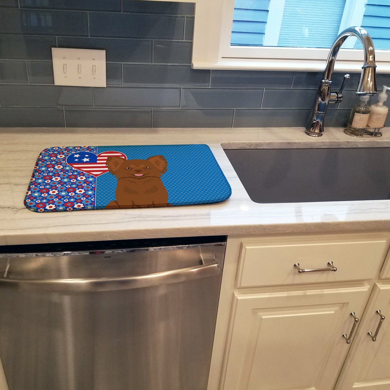 Longhaired Chocolate Chihuahua USA American Dish Drying Mat Absorbent Dish Drying Mat Pad for Kitchen Counter Dish Drainer Mat for Countertop, 14 x 21", Multicolor