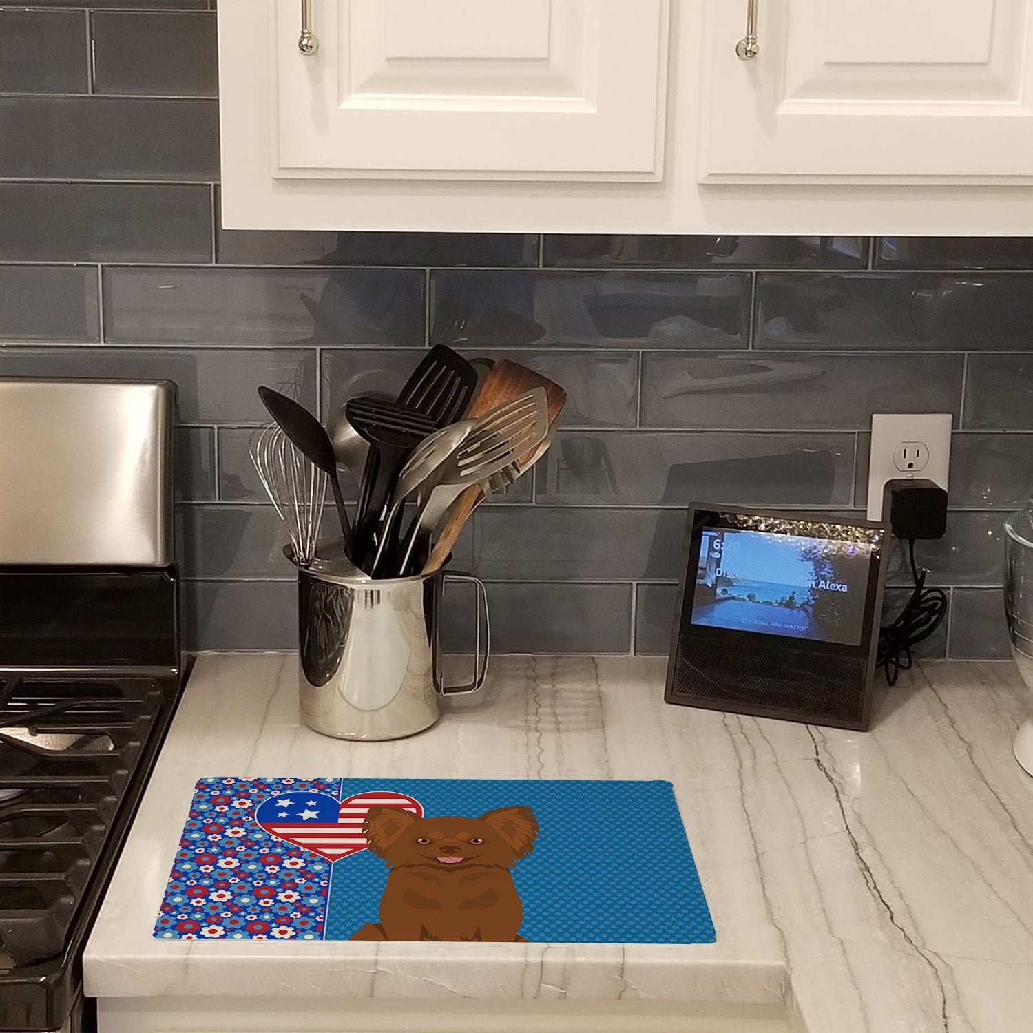 Longhaired Chocolate Chihuahua USA American Cutting Board Tempered Glass Kitchen Cutting Surface, Heat Resistant Chopping, Non-Slip Feet, Food Prep & Serving