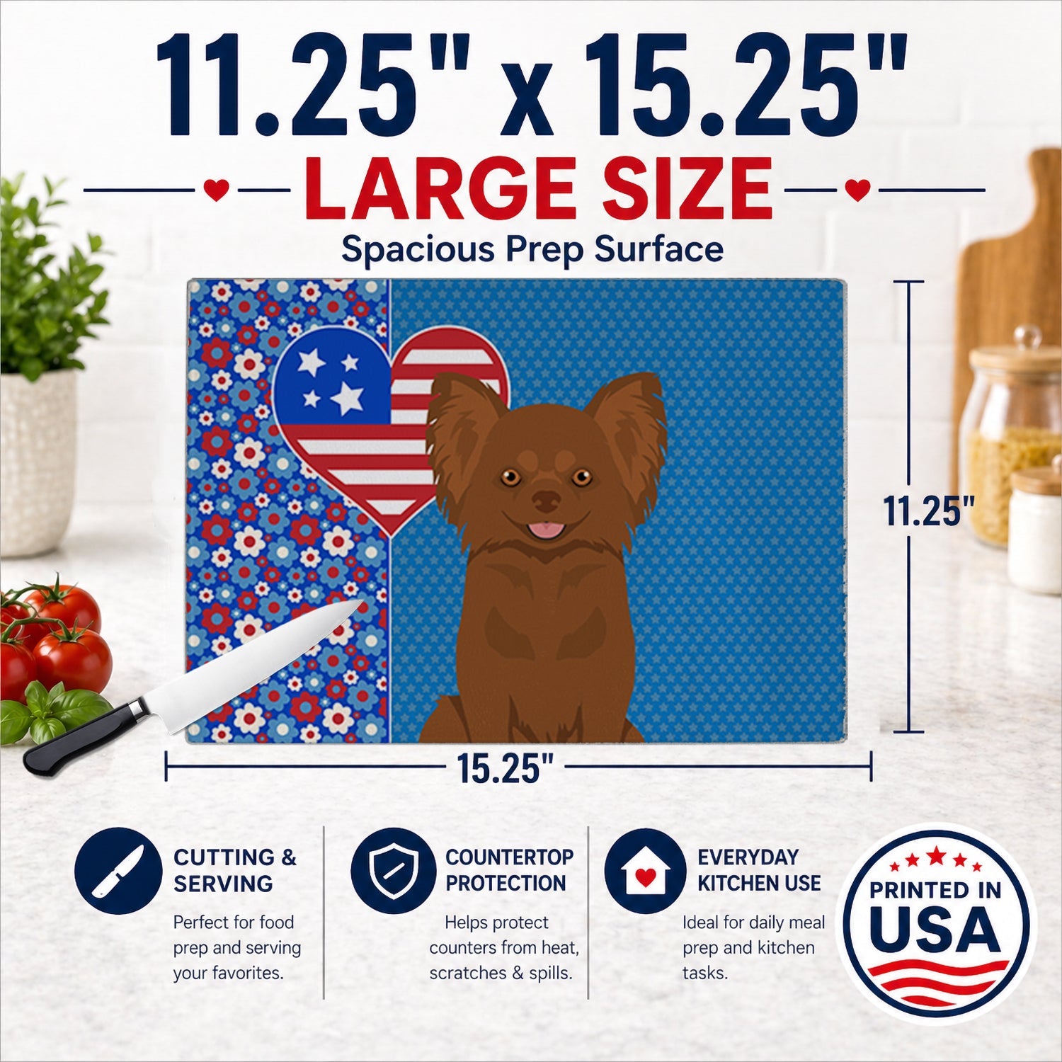 Longhaired Chocolate Chihuahua USA American Cutting Board Tempered Glass Kitchen Cutting Surface, Heat Resistant Chopping, Non-Slip Feet, Food Prep & Serving
