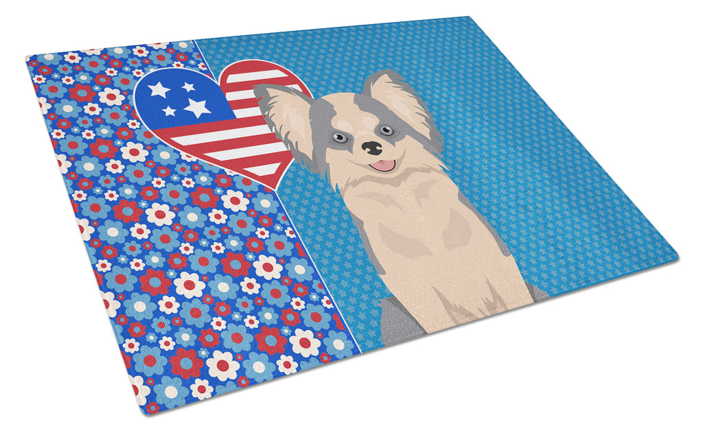 Longhaired Blue and White Chihuahua USA American Cutting Board Tempered Glass Kitchen Cutting Surface, Heat Resistant Chopping, Non-Slip Feet, Food Prep & Serving