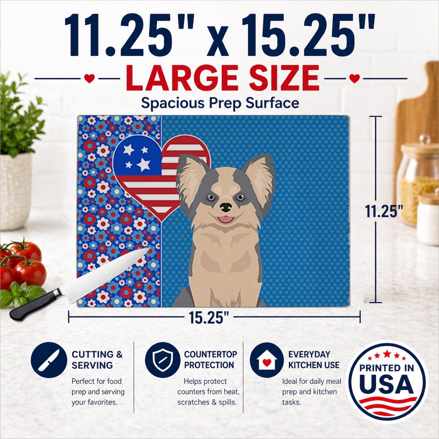 Longhaired Blue and White Chihuahua USA American Cutting Board Tempered Glass Kitchen Cutting Surface, Heat Resistant Chopping, Non-Slip Feet, Food Prep & Serving
