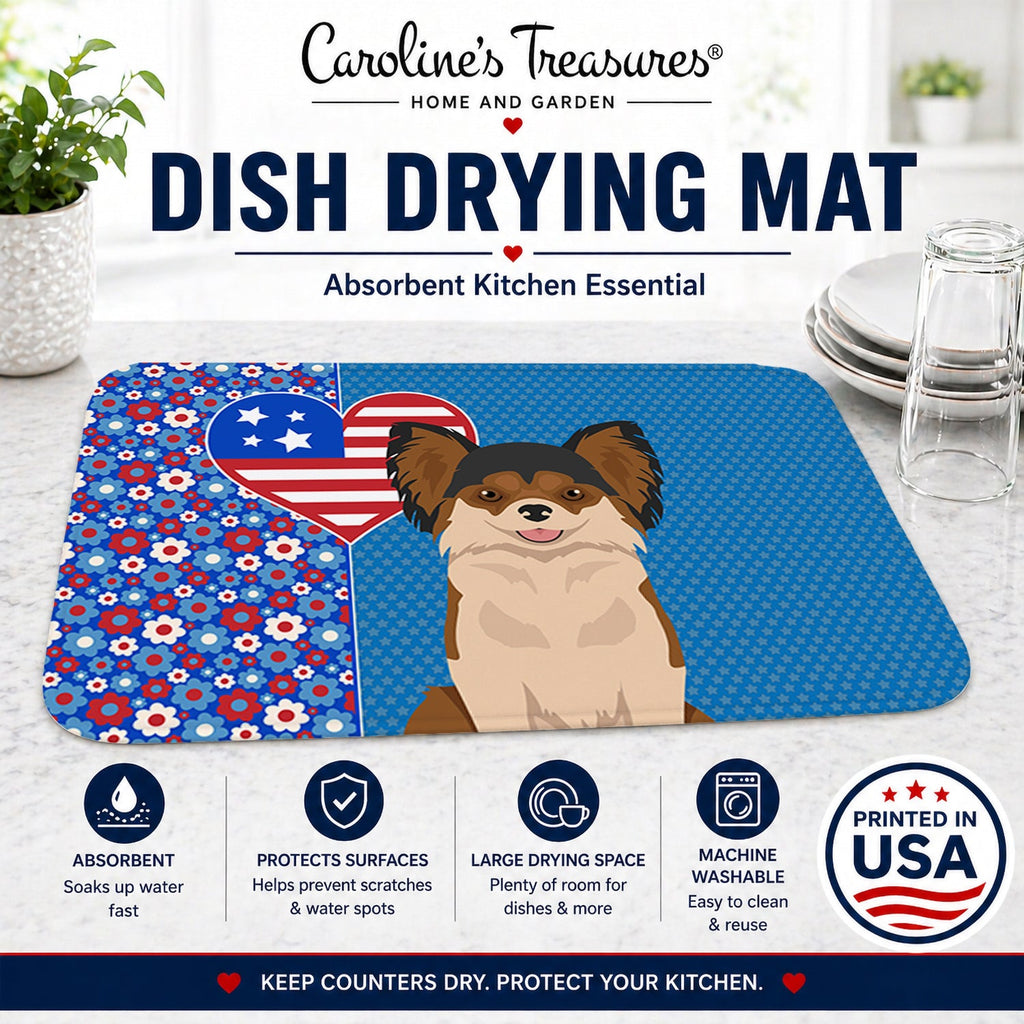 Longhaired Black and Red Chihuahua USA American Dish Drying Mat Absorbent Dish Drying Mat Pad for Kitchen Counter Dish Drainer Mat for Countertop, 14 x 21", Multicolor