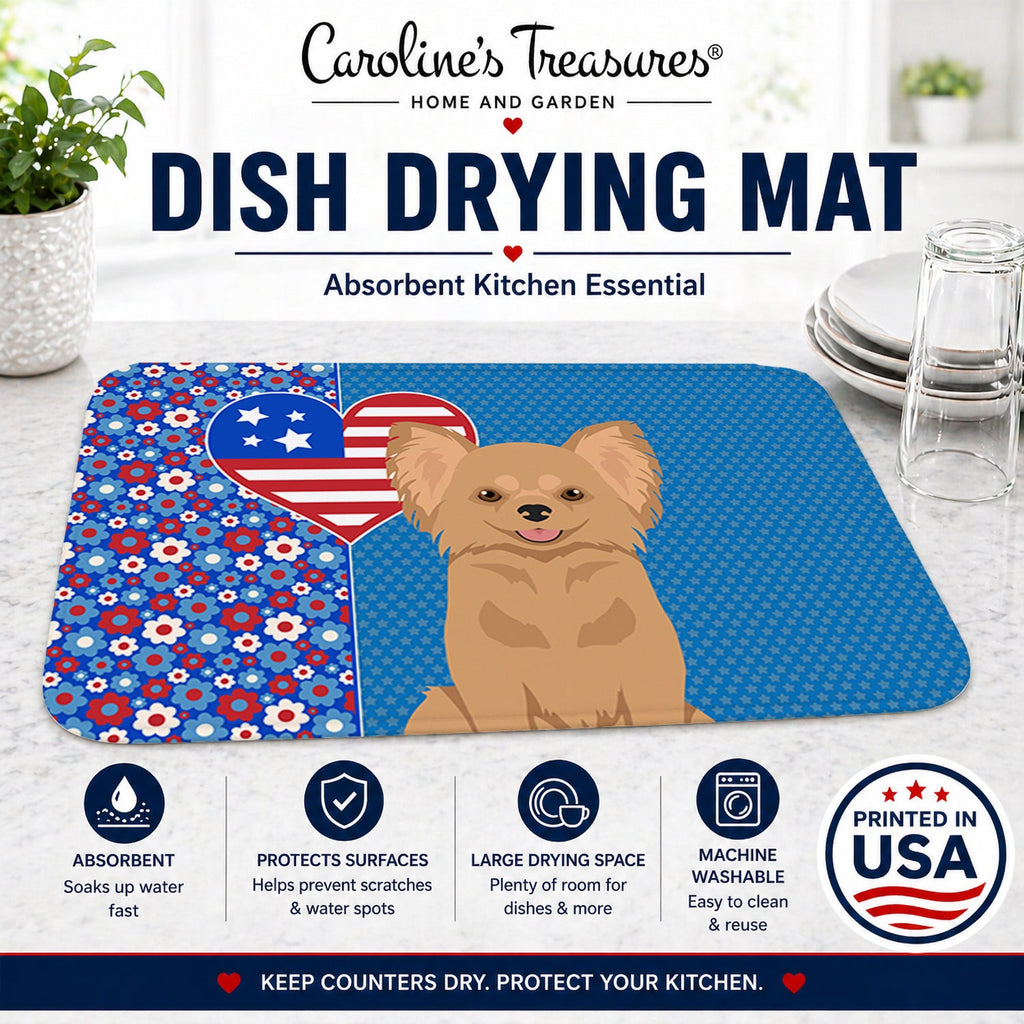 Longhaired Gold Chihuahua USA American Dish Drying Mat Absorbent Dish Drying Mat Pad for Kitchen Counter Dish Drainer Mat for Countertop, 14 x 21", Multicolor