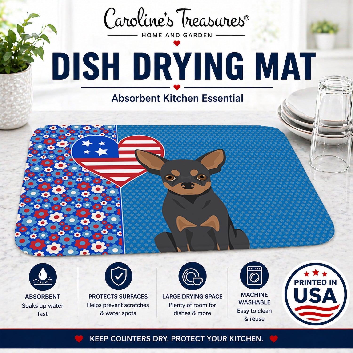 Black and Tan Chihuahua USA American Dish Drying Mat Absorbent Dish Drying Mat Pad for Kitchen Counter Dish Drainer Mat for Countertop, 14 x 21", Multicolor