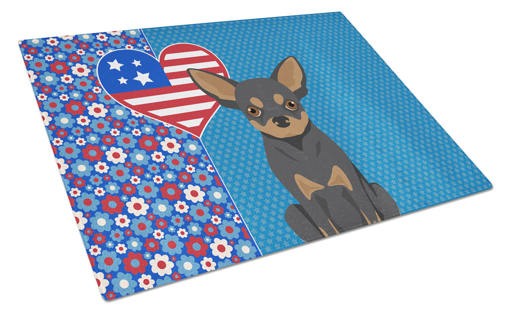 Black and Tan Chihuahua USA American Cutting Board Tempered Glass Kitchen Cutting Surface, Heat Resistant Chopping, Non-Slip Feet, Food Prep & Serving