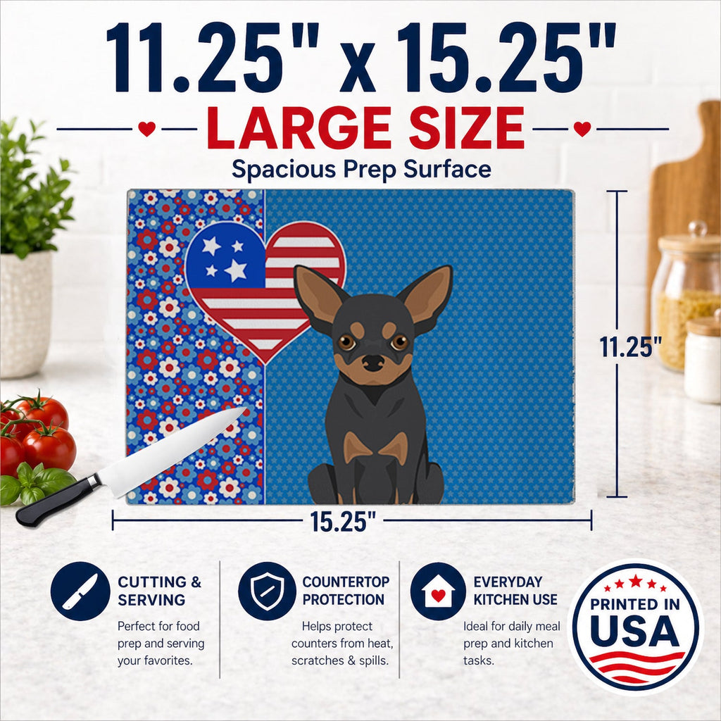 Black and Tan Chihuahua USA American Cutting Board Tempered Glass Kitchen Cutting Surface, Heat Resistant Chopping, Non-Slip Feet, Food Prep & Serving