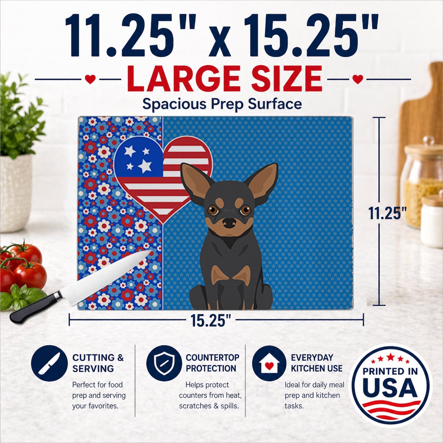 Black and Tan Chihuahua USA American Cutting Board Tempered Glass Kitchen Cutting Surface, Heat Resistant Chopping, Non-Slip Feet, Food Prep & Serving