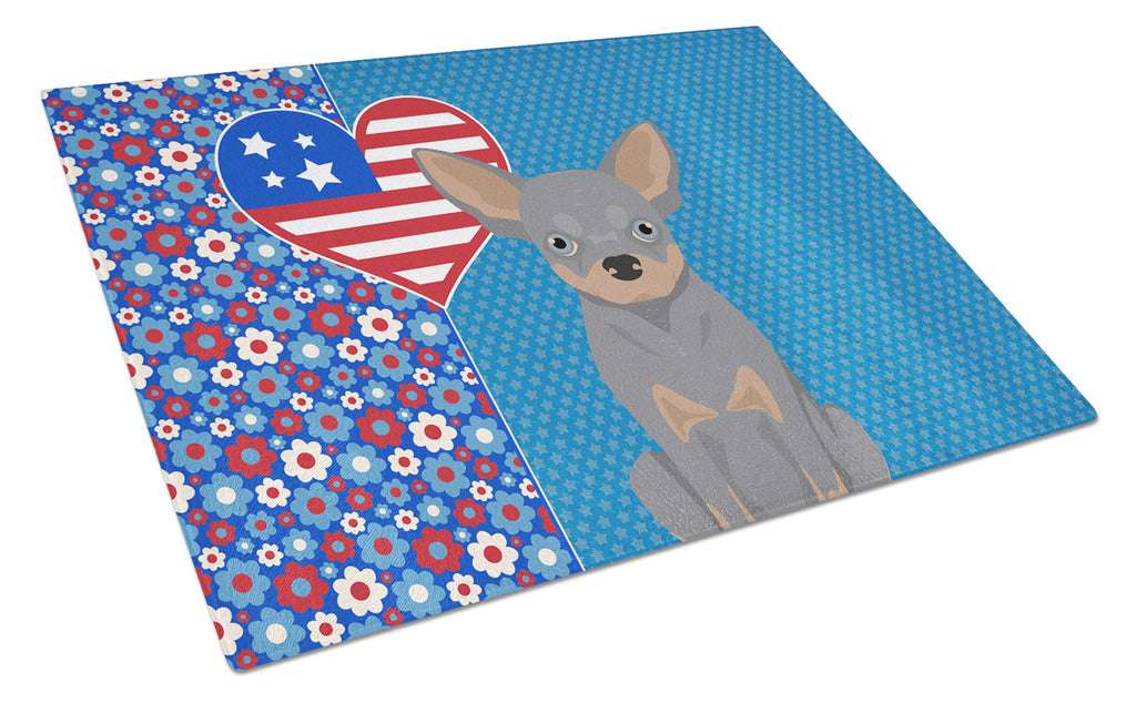 Blue and Tan Chihuahua USA American Cutting Board Tempered Glass Kitchen Cutting Surface, Heat Resistant Chopping, Non-Slip Feet, Food Prep & Serving