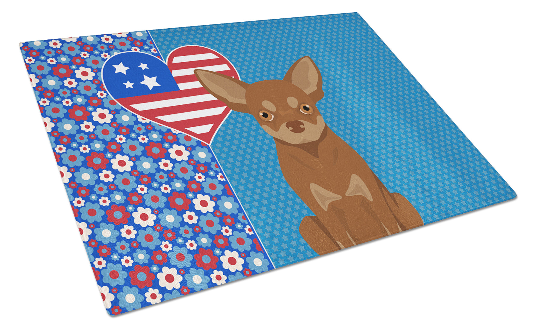 Chocolate and Tan Chihuahua USA American Cutting Board Tempered Glass Kitchen Cutting Surface, Heat Resistant Chopping, Non-Slip Feet, Food Prep & Serving