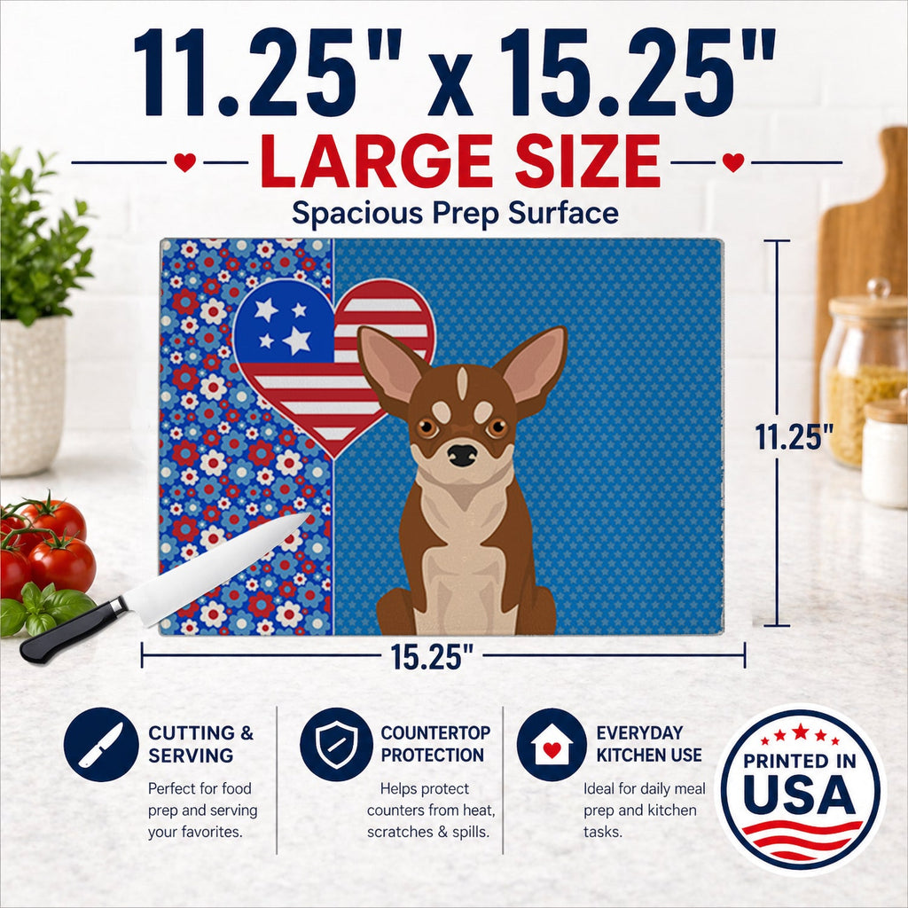 Red and White Chihuahua USA American Cutting Board Tempered Glass Kitchen Cutting Surface, Heat Resistant Chopping, Non-Slip Feet, Food Prep & Serving