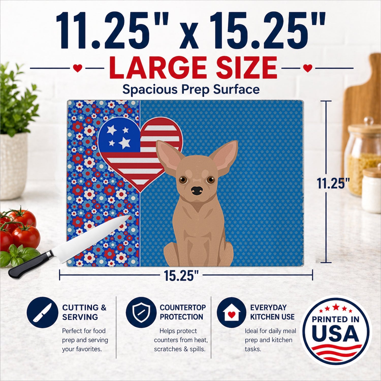 Cream Chihuahua USA American Cutting Board Tempered Glass Kitchen Cutting Surface, Heat Resistant Chopping, Non-Slip Feet, Food Prep & Serving