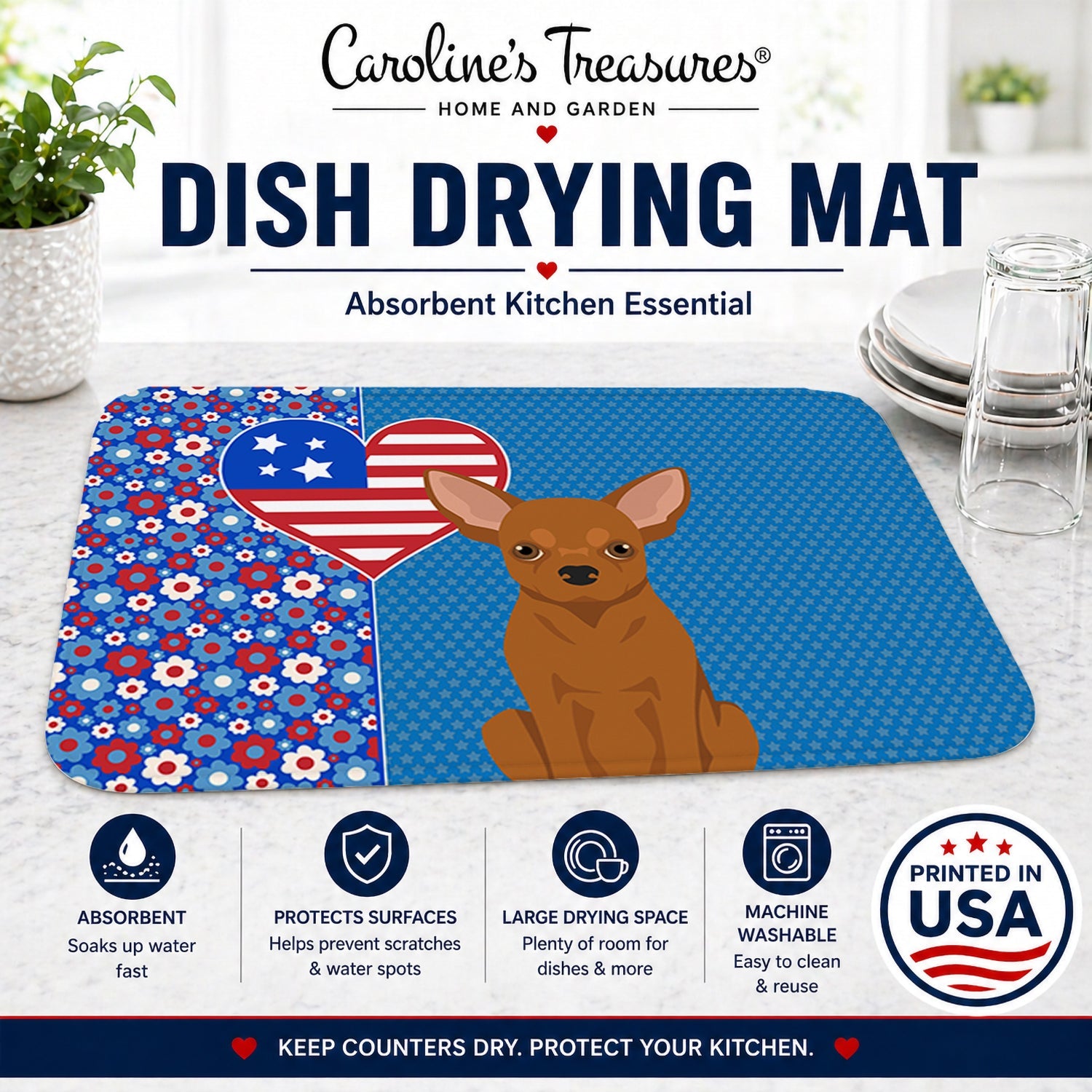 Red Chihuahua USA American Dish Drying Mat Absorbent Dish Drying Mat Pad for Kitchen Counter Dish Drainer Mat for Countertop, 14 x 21", Multicolor