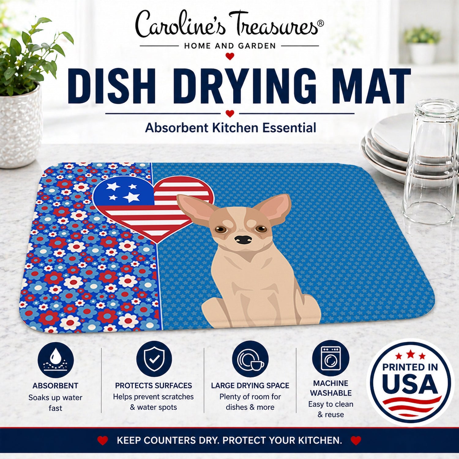 Fawn and White Chihuahua USA American Dish Drying Mat Absorbent Dish Drying Mat Pad for Kitchen Counter Dish Drainer Mat for Countertop, 14 x 21", Multicolor