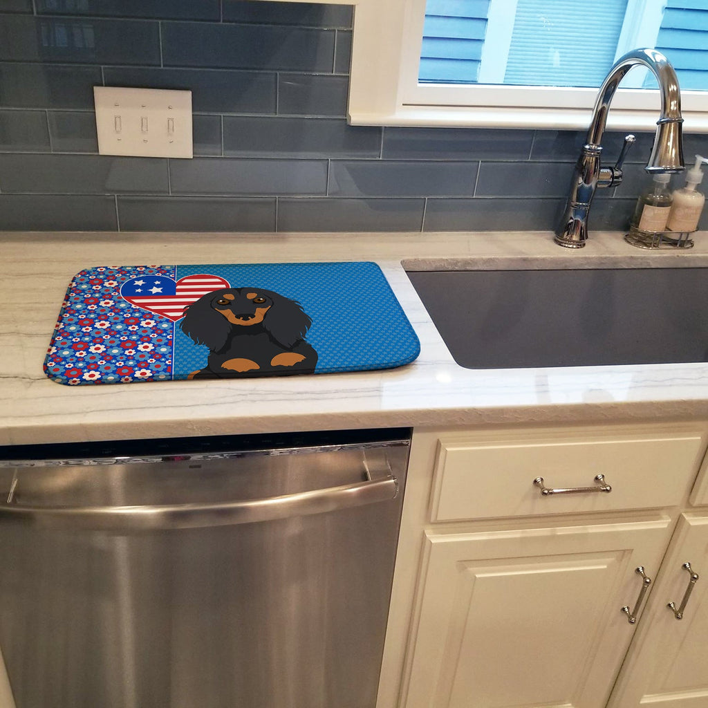 Longhair Black and Tan Dachshund USA American Dish Drying Mat Absorbent Dish Drying Mat Pad for Kitchen Counter Dish Drainer Mat for Countertop, 14 x 21", Multicolor