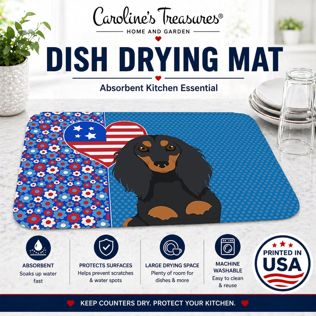 Longhair Black and Tan Dachshund USA American Dish Drying Mat Absorbent Dish Drying Mat Pad for Kitchen Counter Dish Drainer Mat for Countertop, 14 x 21", Multicolor