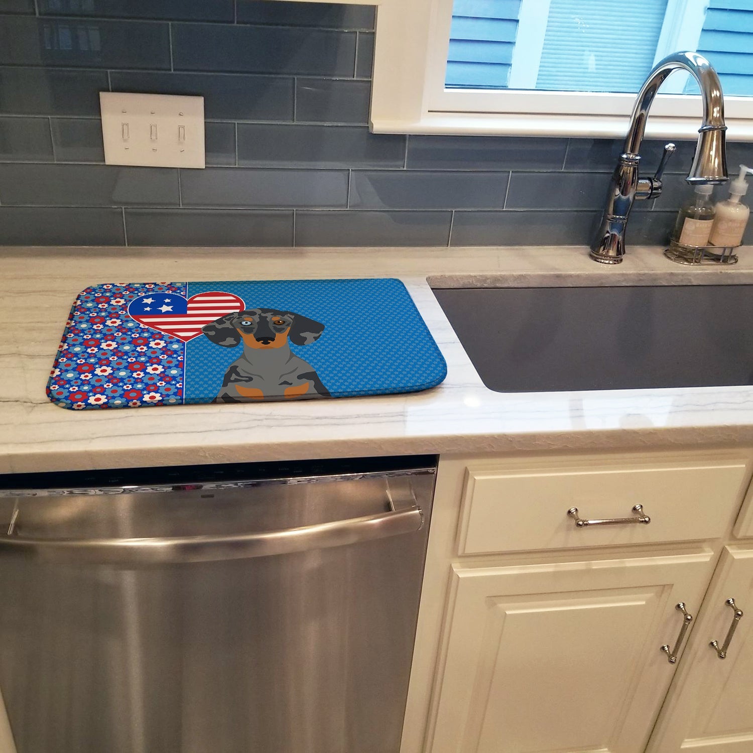 Black Dapple Dachshund USA American Dish Drying Mat Absorbent Dish Drying Mat Pad for Kitchen Counter Dish Drainer Mat for Countertop, 14 x 21", Multicolor