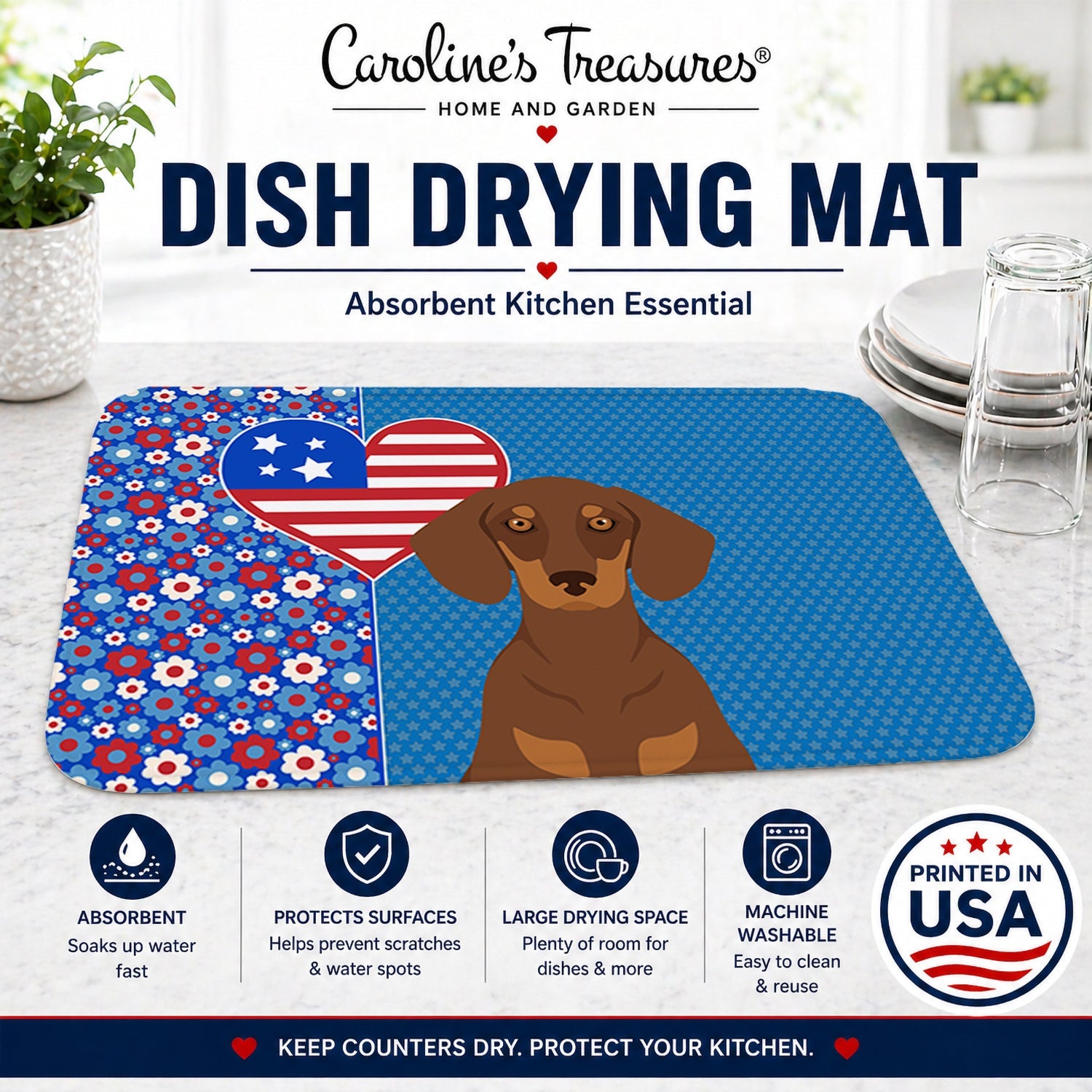 Chocolate and Tan Dachshund USA American Dish Drying Mat Absorbent Dish Drying Mat Pad for Kitchen Counter Dish Drainer Mat for Countertop, 14 x 21", Multicolor