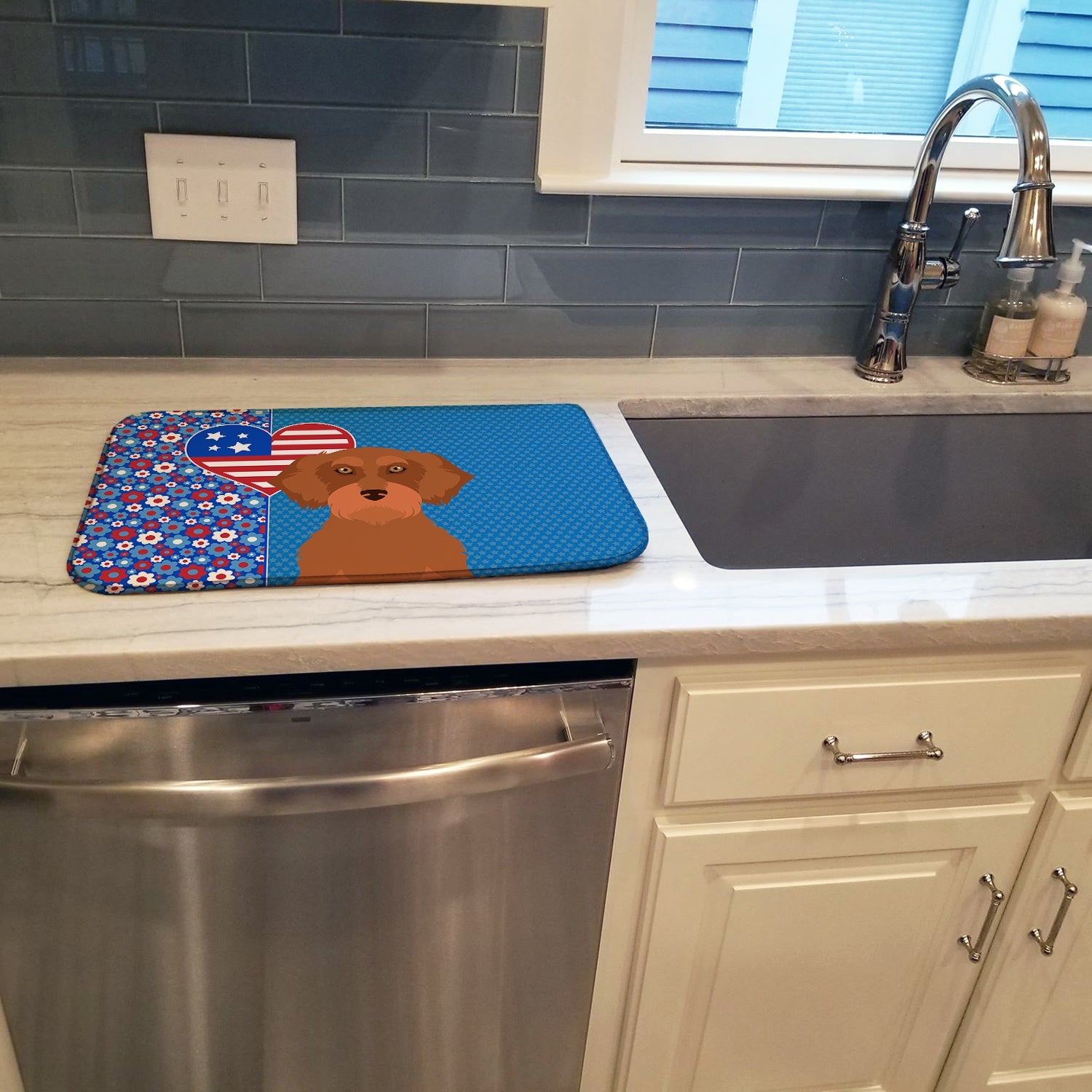 Wirehair Red Dachshund USA American Dish Drying Mat Absorbent Dish Drying Mat Pad for Kitchen Counter Dish Drainer Mat for Countertop, 14 x 21", Multicolor