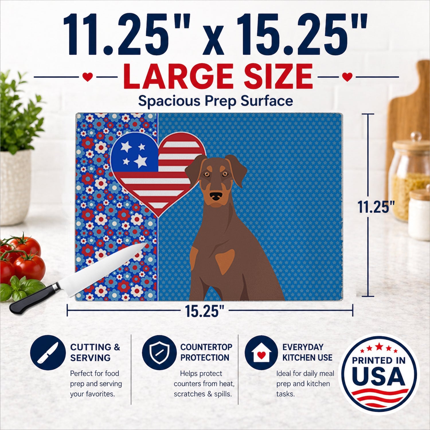 Natural Ear Red and Tan Doberman Pinscher USA American Cutting Board Tempered Glass Kitchen Cutting Surface, Heat Resistant Chopping, Non-Slip Feet, Food Prep & Serving