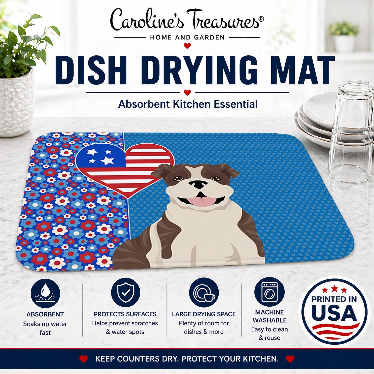 Brindle English Bulldog USA American Dish Drying Mat Absorbent Dish Drying Mat Pad for Kitchen Counter Dish Drainer Mat for Countertop, 14 x 21", Multicolor