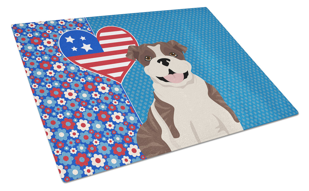Brindle English Bulldog USA American Cutting Board Tempered Glass Kitchen Cutting Surface, Heat Resistant Chopping, Non-Slip Feet, Food Prep & Serving